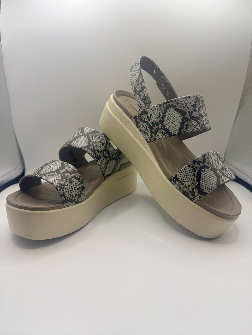 CROCS Women's Snake-Print Platform Sandals in Black and Cream